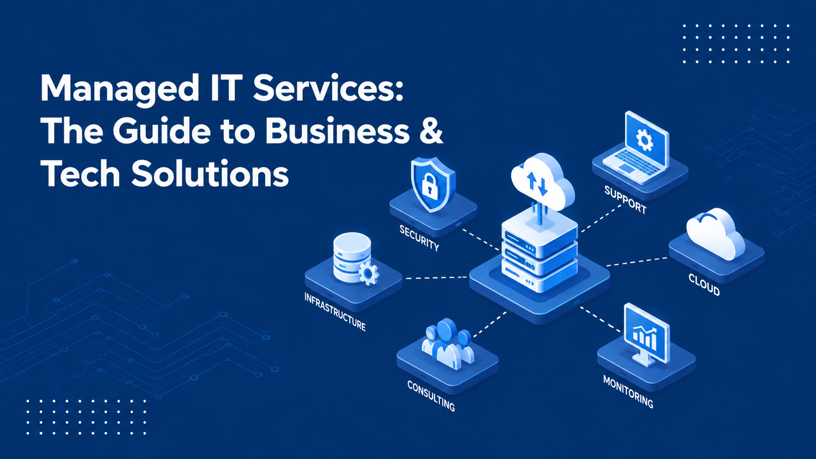 It consulting support services|Manage it services|Benefits of manage it services|Managed IT services illustration showing cybersecurity, network management, software support, communication, and data backup solutions.